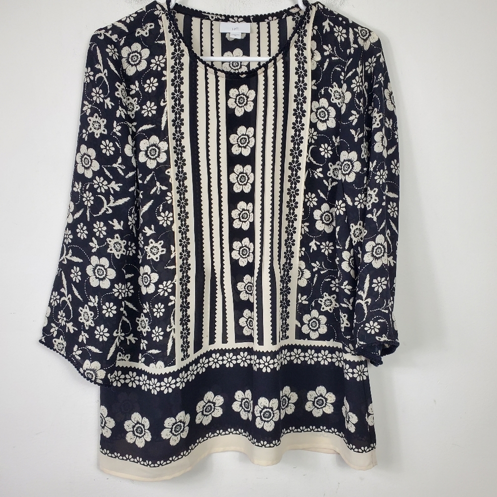 J.Jill Retro Floral Blouse Womens Size XS 3/4 Sleeve Flowy Fit Mixed Print Flowy